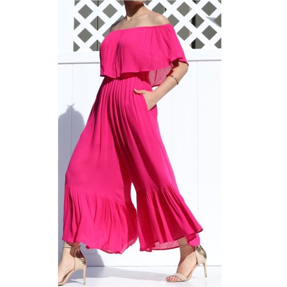 Boho Off Shoulder Ruffle Wide Leg Jumpsuit Jumper - Picture 2 of 6